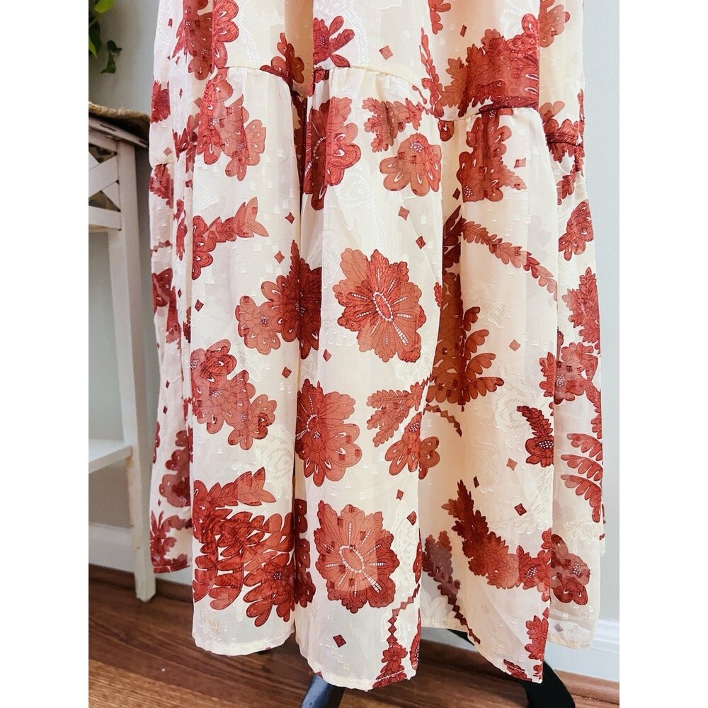 Polagram Cream & Red Big Rose Print Woven Flowy Maxi Dress Boho Prairie Small - Picture 7 of 12